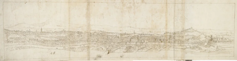 Panoramatický pohled na Řím z Monte Mario, Castel S. Angelo v popředí (pero a hnědý inkoust a hnědá barva na černé křídě)